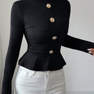 Elegant Buttoned High Neck Peplum Top