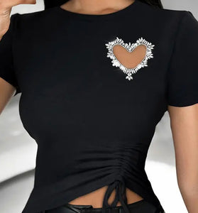Embellished Heart Ruched T-Shirt