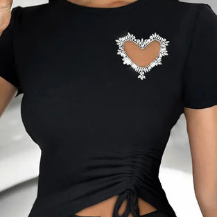 Embellished Heart Ruched T-Shirt