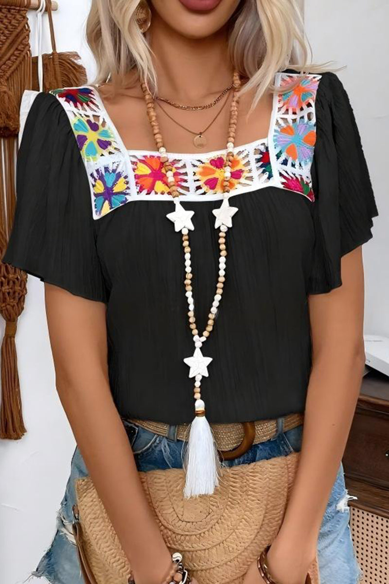 Square Neck Boho Crochet Short Sleeve Top
