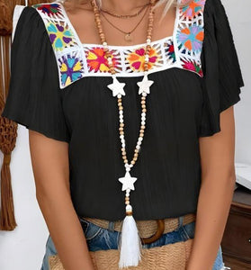 Square Neck Boho Crochet Short Sleeve Top