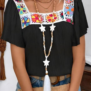 Square Neck Boho Crochet Short Sleeve Top