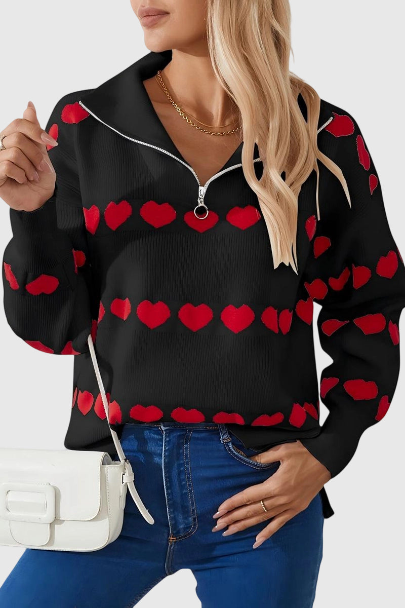 Heart Pattern Zip-Up Sweater