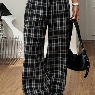 Classic Plaid Wide-Leg Casual Pants