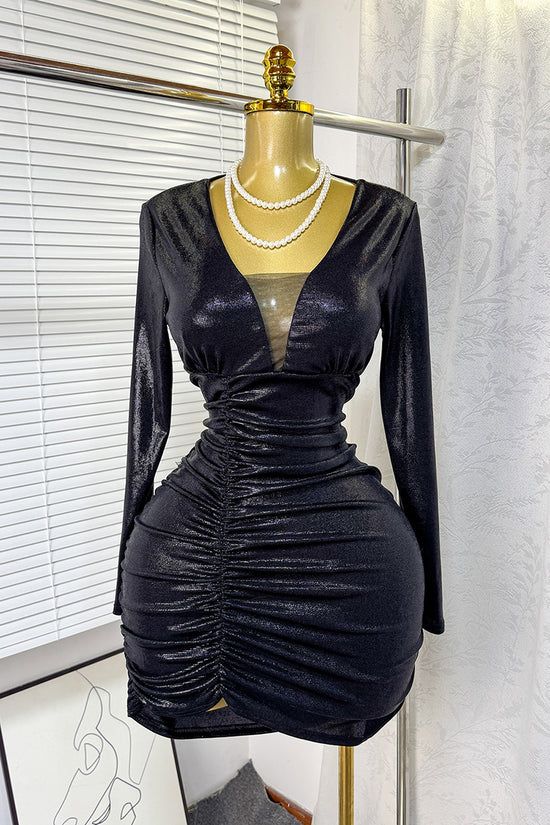 Ruched Deep V-Neck Casual Dress