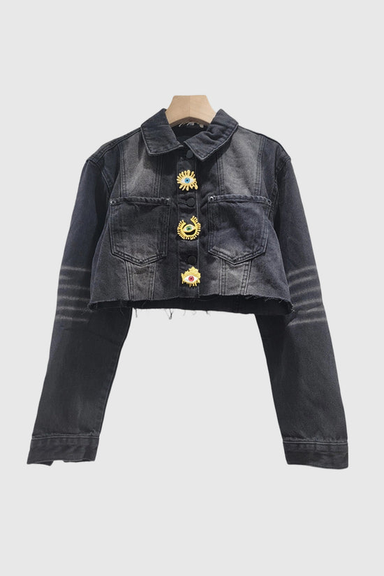 Eye-Embellished Denim Crop Jacket