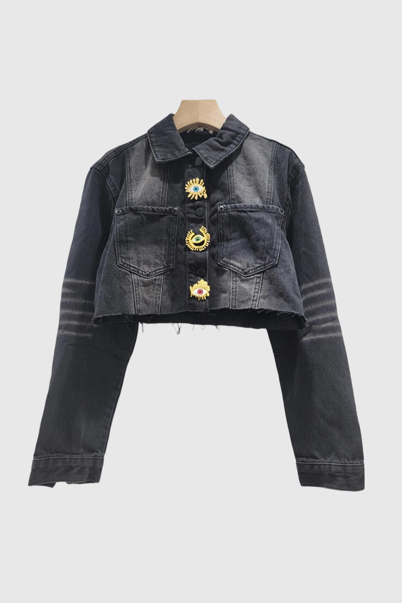 Eye-Embellished Denim Crop Jacket