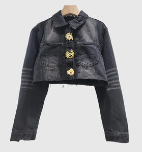 Eye-Embellished Denim Crop Jacket
