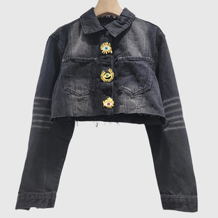 Eye-Embellished Denim Crop Jacket