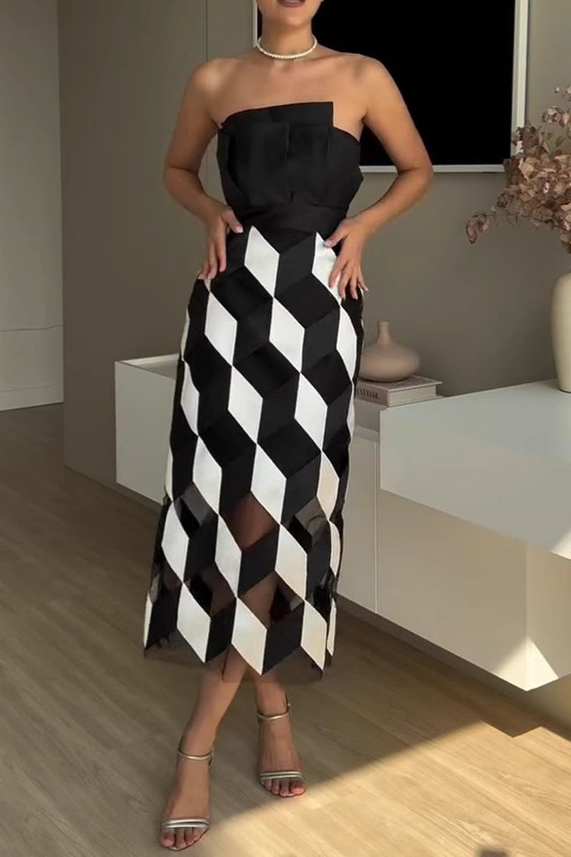 Geometric Strapless Midi Dress