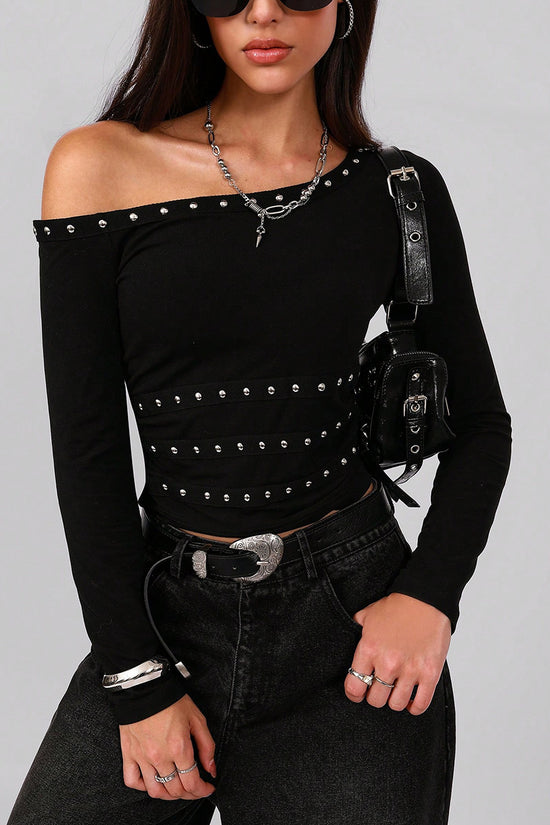 Off-Shoulder Studded Long Sleeve Top