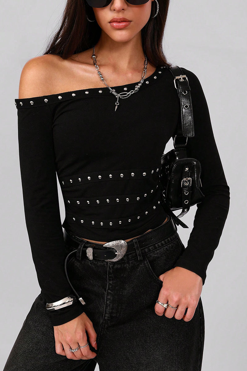 Off-Shoulder Studded Long Sleeve Top