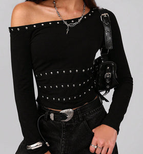 Off-Shoulder Studded Long Sleeve Top
