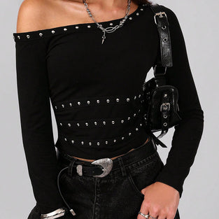 Off-Shoulder Studded Long Sleeve Top