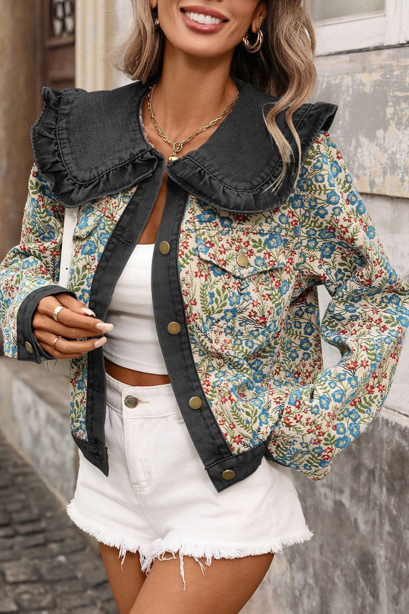 Ruffled Floral Denim Jacket