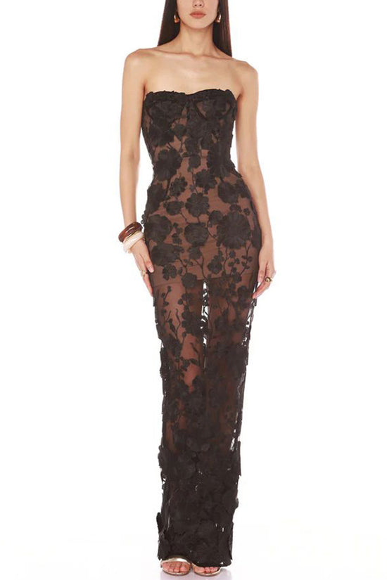 Strapless Floral Evening Gown