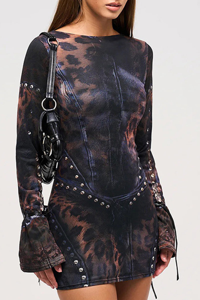 Long Sleeve Leopard Print Casual Dress