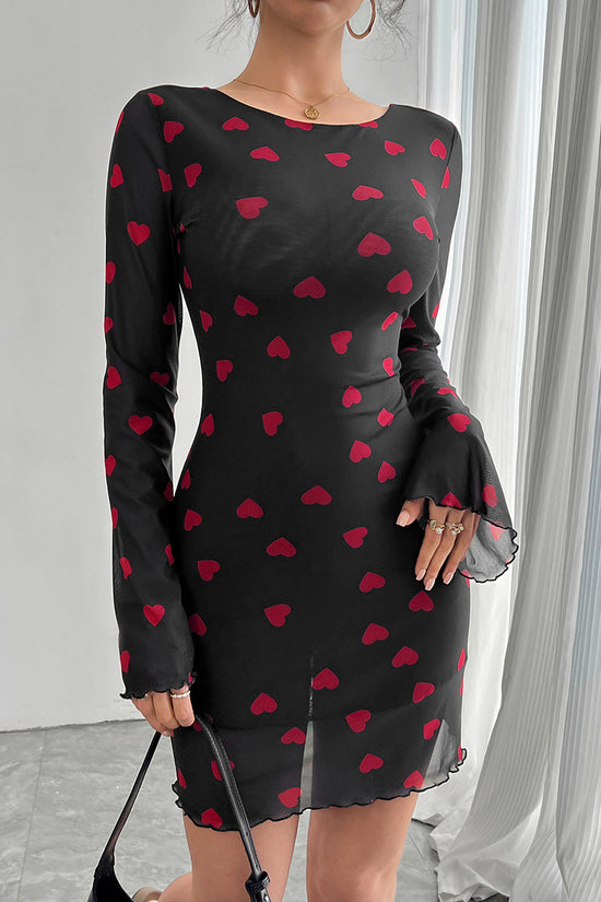 Heart Print Long Sleeve Bodycon Dress