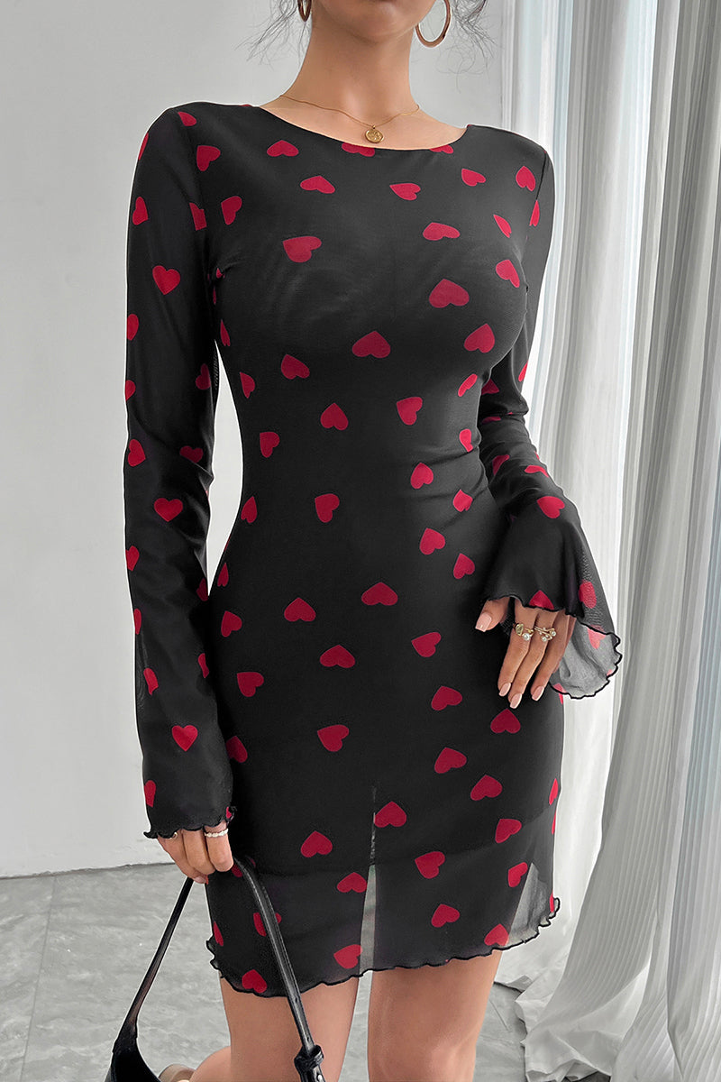 Heart Print Long Sleeve Bodycon Dress