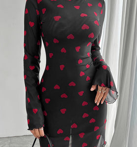 Heart Print Long Sleeve Bodycon Dress