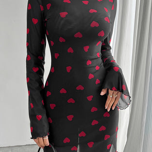 Heart Print Long Sleeve Bodycon Dress