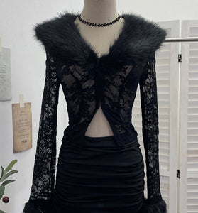Elegant Fur Collar Lace Skirt Set