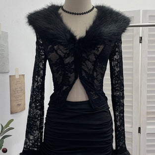 Elegant Fur Collar Lace Skirt Set