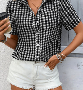 Checkered Short Sleeve Button-Up Blouse