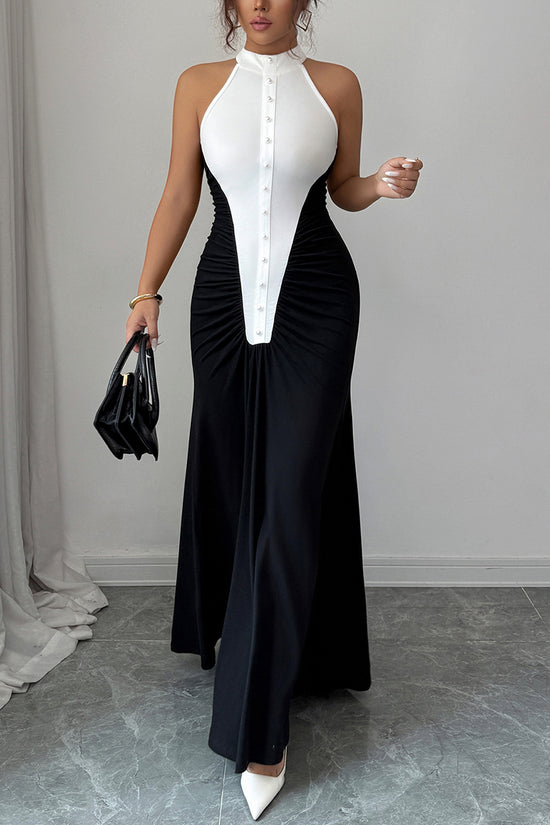 Two-Tone Halter Maxi Dress with Button Details