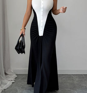 Two-Tone Halter Maxi Dress with Button Details
