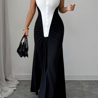 Two-Tone Halter Maxi Dress with Button Details