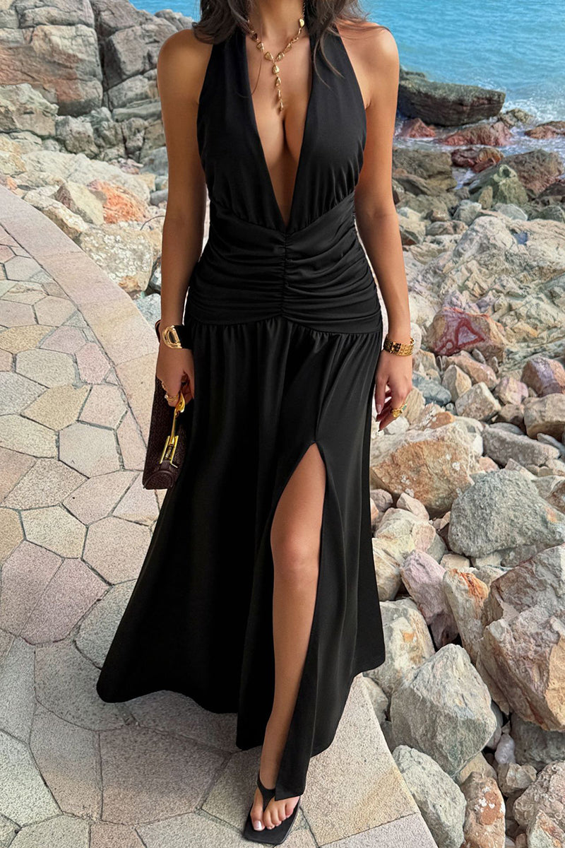 Ruched Halter Maxi Dress with Slit