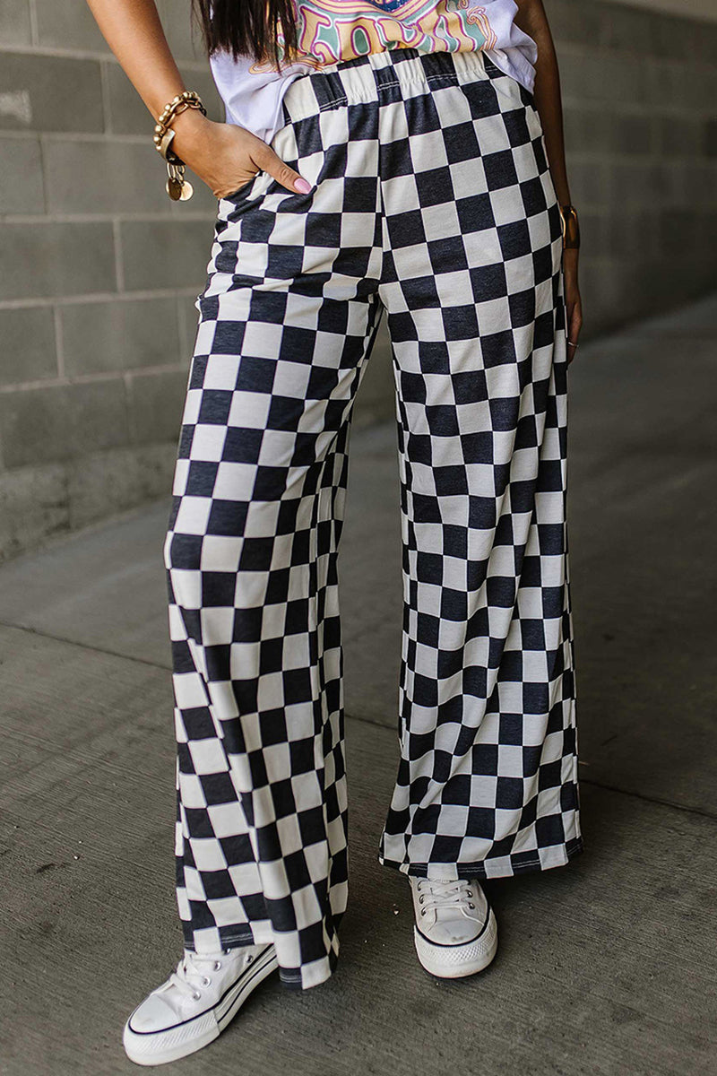 Checker Pattern Wide-Leg Casual Pants