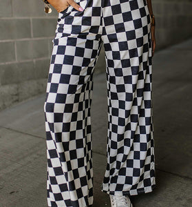 Checker Pattern Wide-Leg Casual Pants