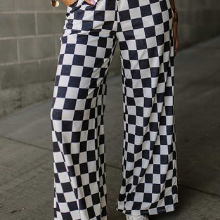Checker Pattern Wide-Leg Casual Pants