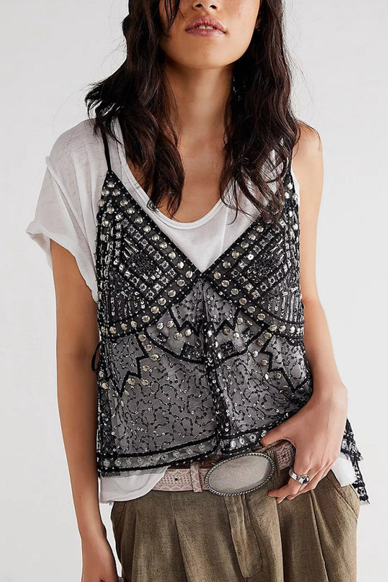 Sequin Embellished V-Neck Tank Top