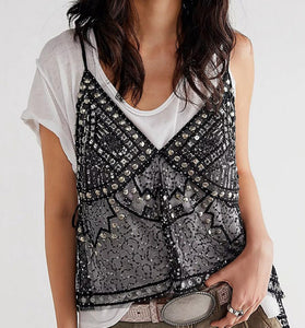 Sequin Embellished V-Neck Tank Top