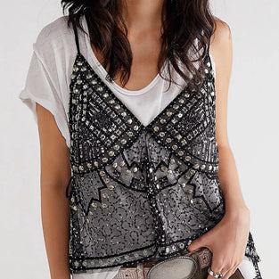 Sequin Embellished V-Neck Tank Top