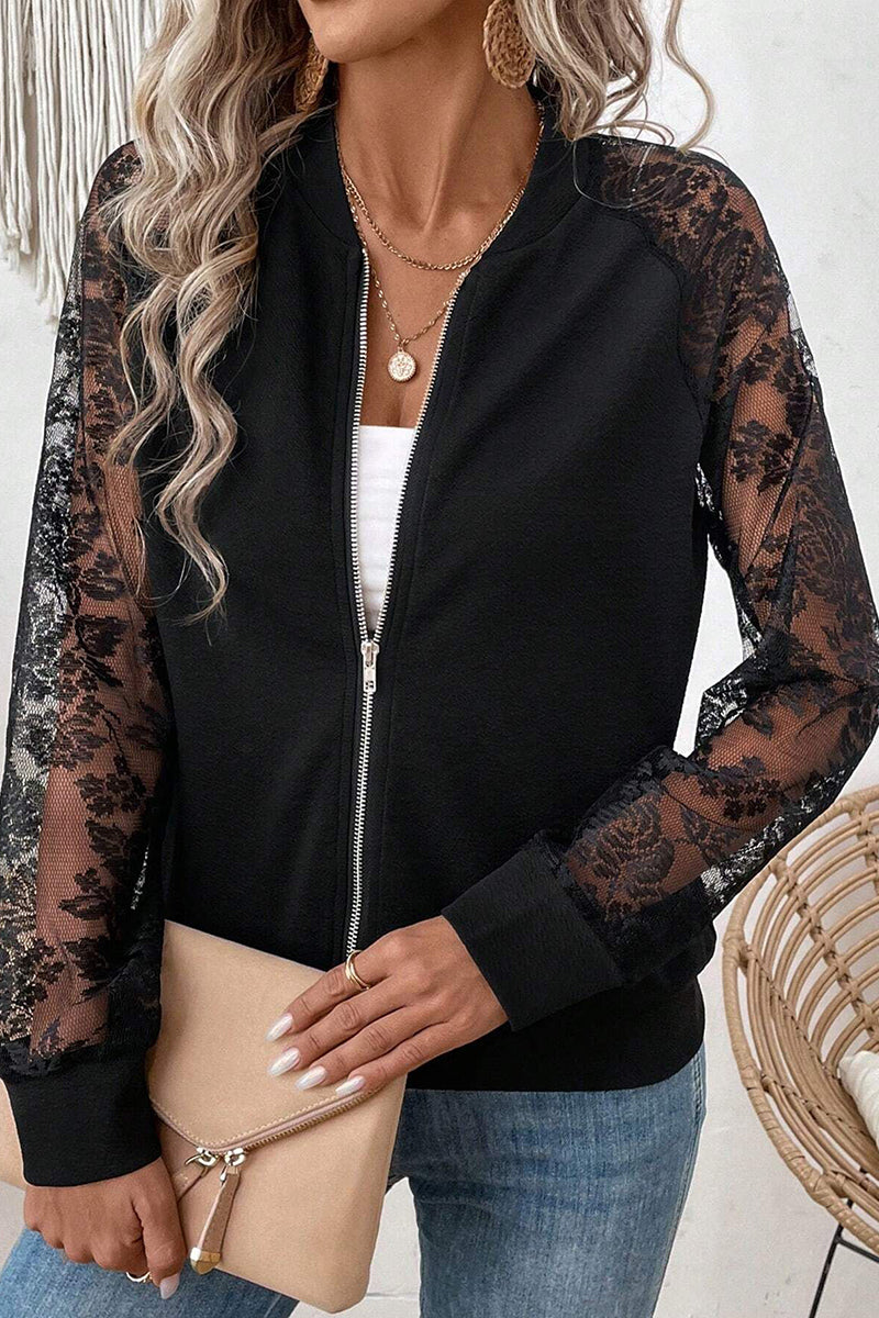 Lace Sleeve Zipper Jacket