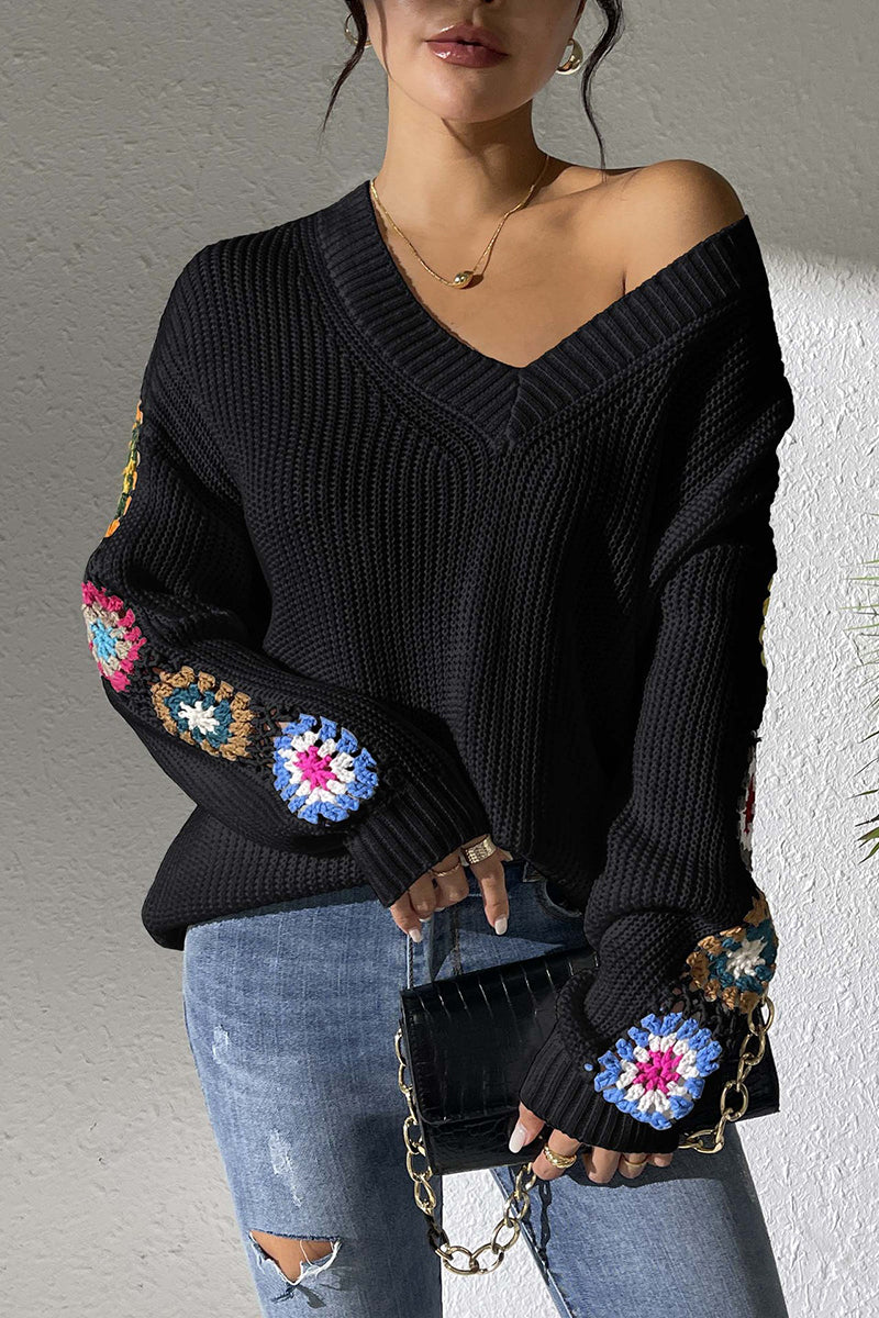 Floral Knit V-Neck Sweater
