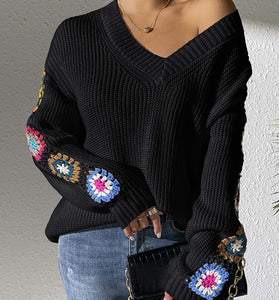 Floral Knit V-Neck Sweater