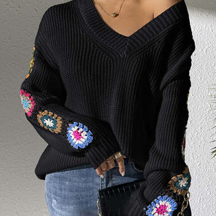 Floral Knit V-Neck Sweater