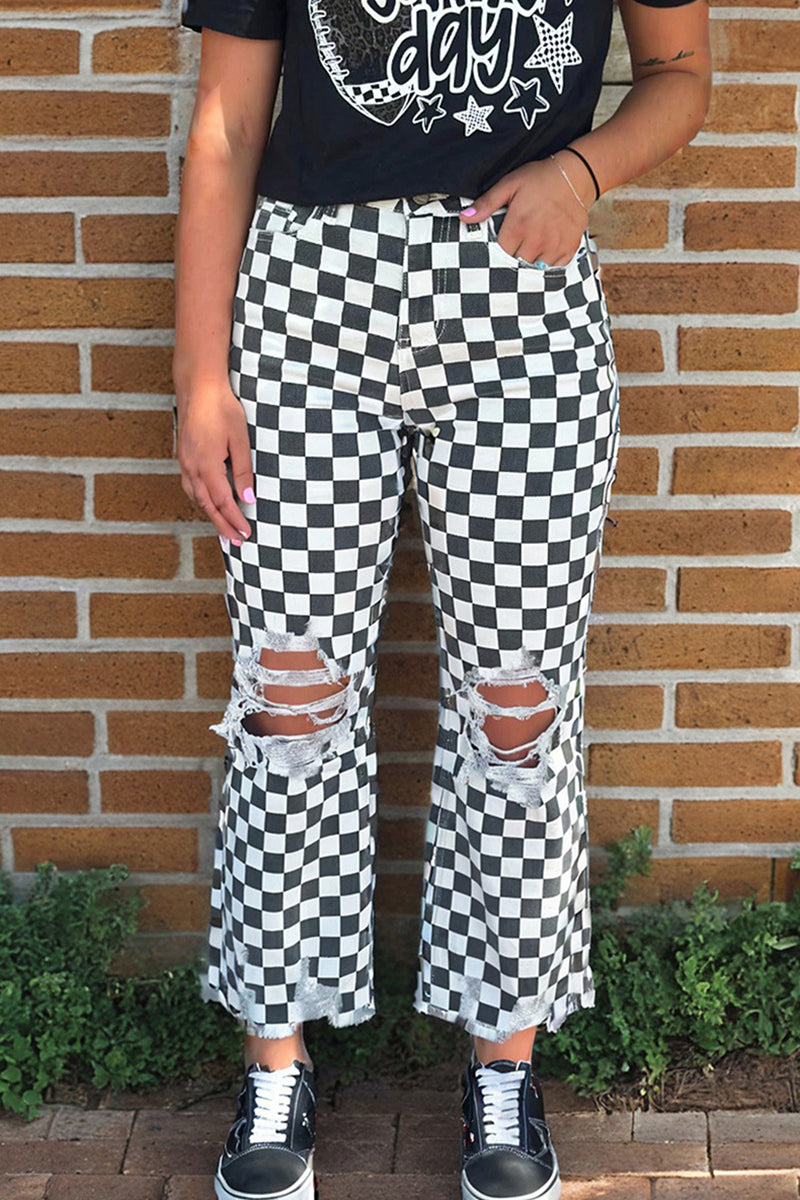Checkered Distressed Straight Jeans