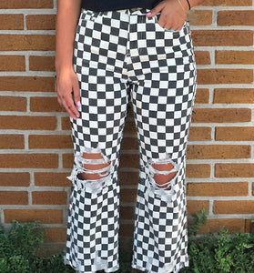 Checkered Distressed Straight Jeans