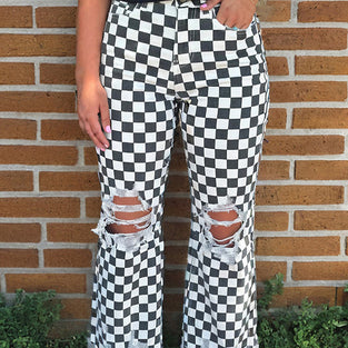 Checkered Distressed Straight Jeans