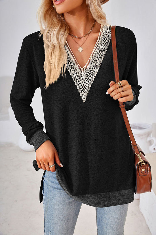 V-Neck Crochet Trim Long Sleeve Top