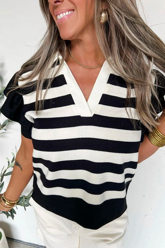Striped V-Neck Ruffled Sleeve Blouse