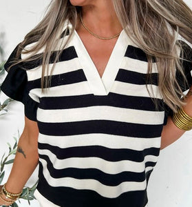 Striped V-Neck Ruffled Sleeve Blouse