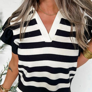 Striped V-Neck Ruffled Sleeve Blouse