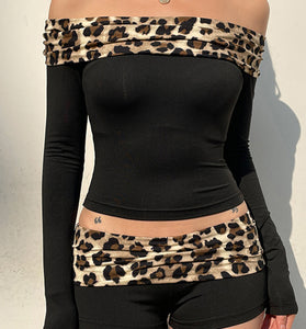 Leopard Trim High-Waisted Shorts Set